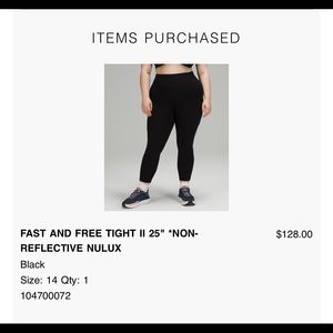 Lululemon FAST AND FREE TIGHT II 25" *NON-REFLECTIVE NULUX Black Size 14